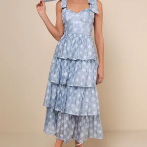 Lulus Gorgeous Excellence Light Blue Tiered Midi Dress